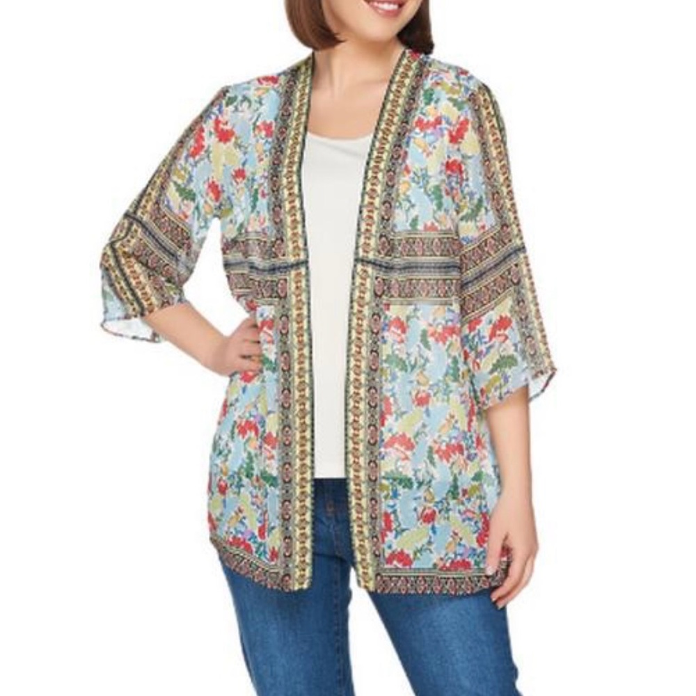 Susan Graver Floral Kimono Cardigan beach cover up top size xl boho chic